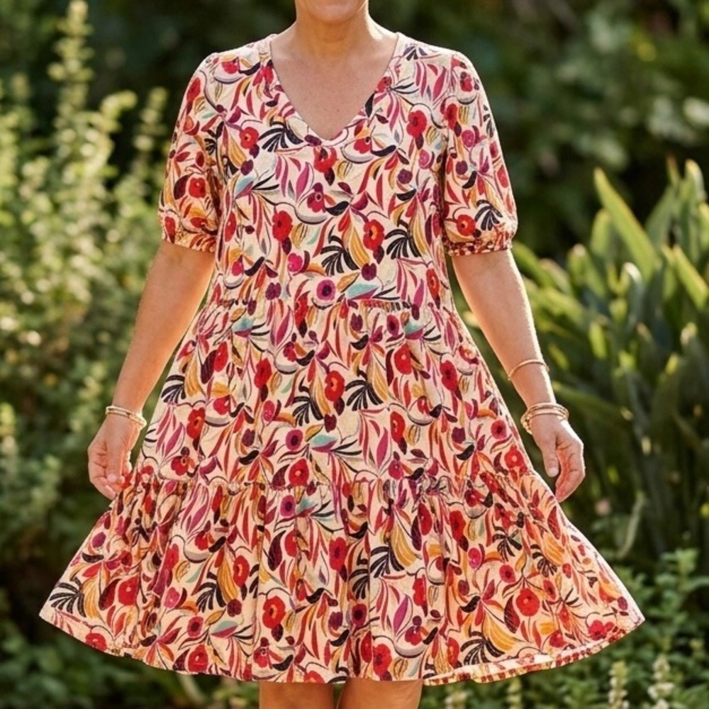 The Pioneer Woman Floral V-Neck Tiered Babydoll Dress Short Sleeve Multi-Color